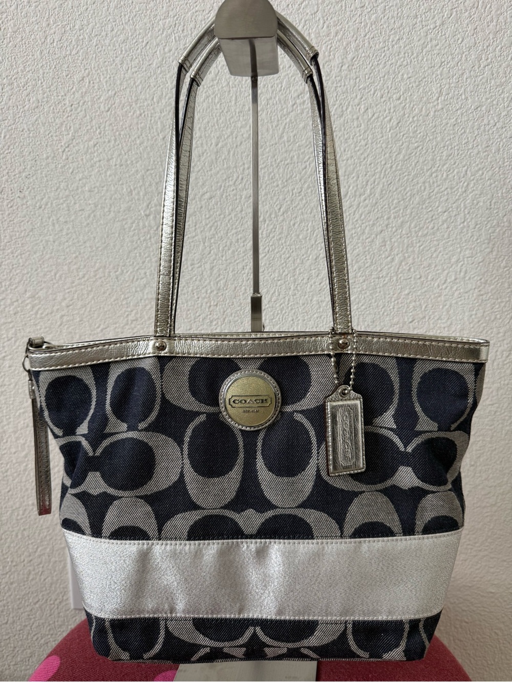 Coach Signature Denim Tote Dark Blue Silver Trim F17433